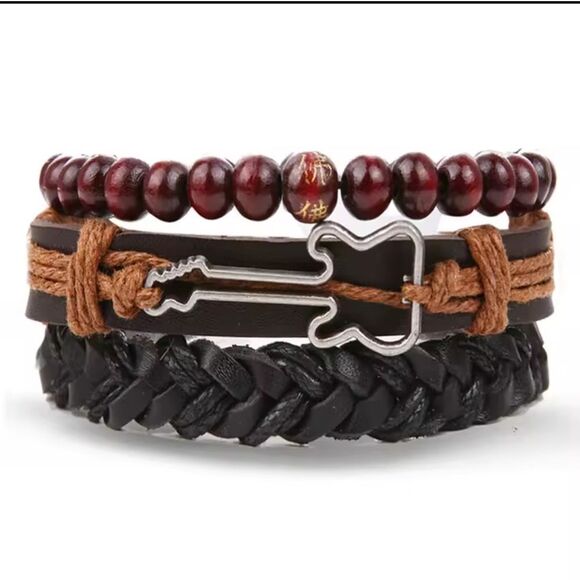 Men's leather bracelet set beaded guitar stacked new e97 - Picture 1 of 1
